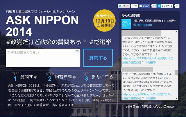 Yahoo！Japanみんなの政治×NPO法人YouthCreate　有権者と政治家をつなぐソーシャルキャンペーン「ASK NIPPON 2014」